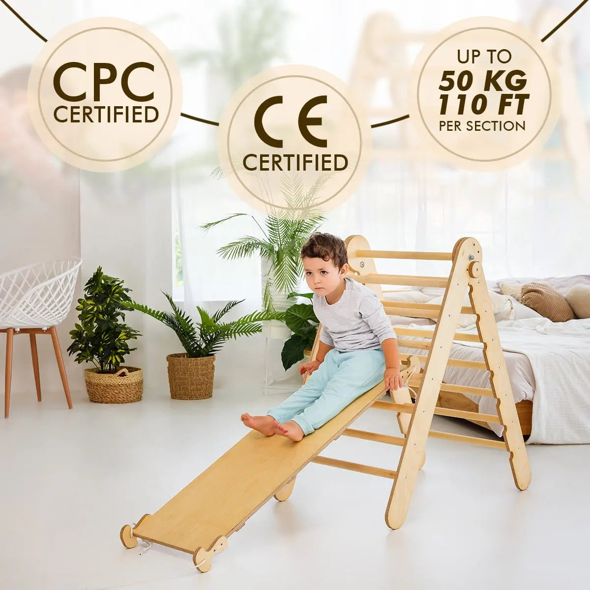 3in1 Montessori Climbing Set: Triangle Ladder + Wooden Arch + Slide Board – Beige NEW