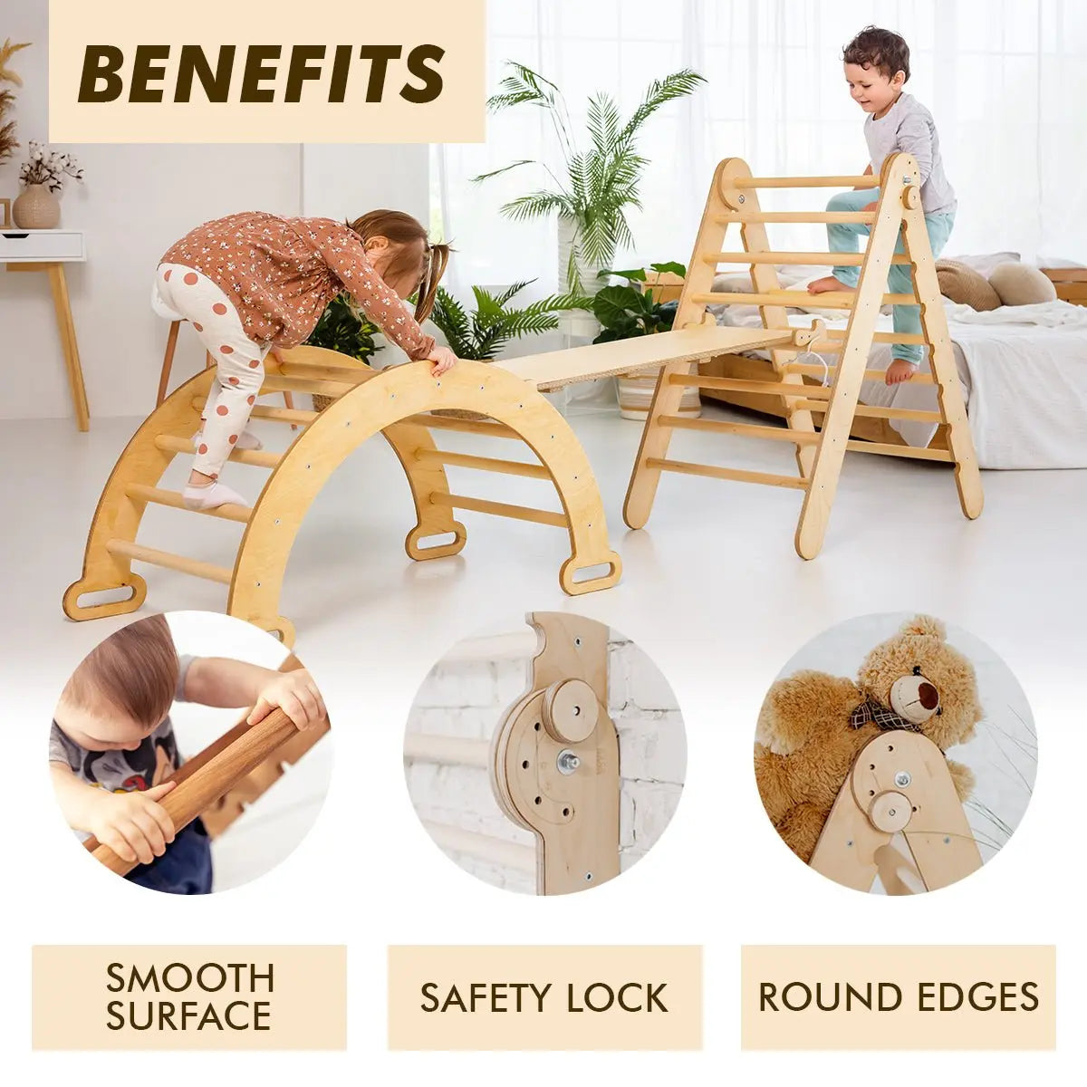 3in1 Montessori Climbing Set: Triangle Ladder + Wooden Arch + Slide Board – Beige NEW - Play. Learn. Thrive. ™