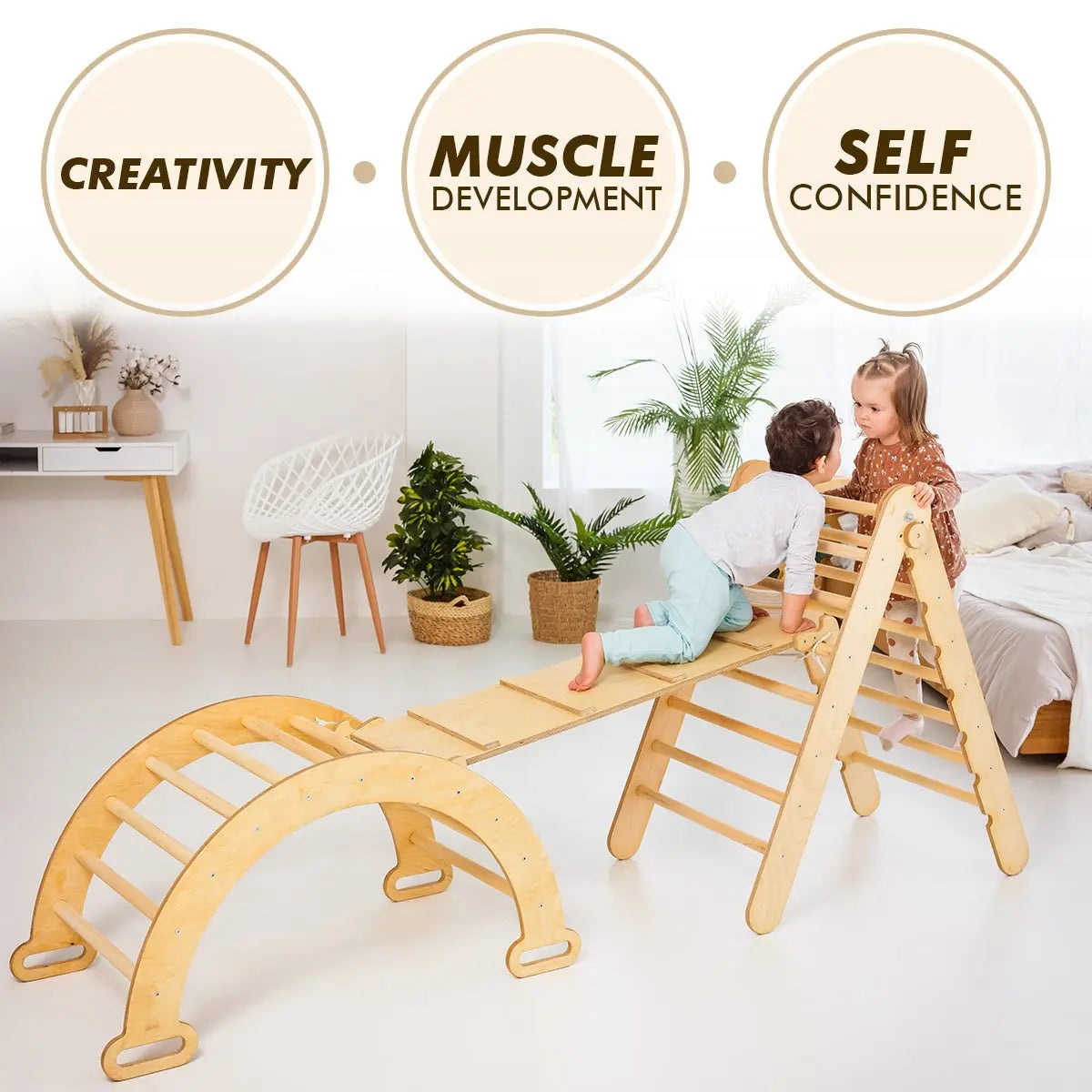 3in1 Montessori Climbing Set: Triangle Ladder + Wooden Arch + Slide Board – Beige NEW - Play. Learn. Thrive. ™
