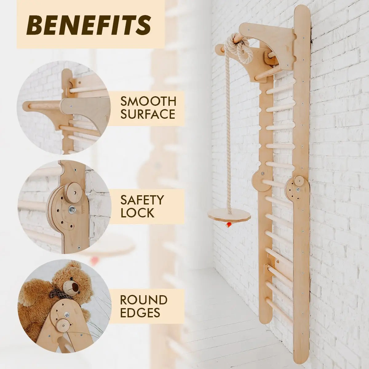 3-in-1 Wooden Swedish Wall Climbing Ladder + Swing Set + Slide Board - Play. Learn. Thrive. ™