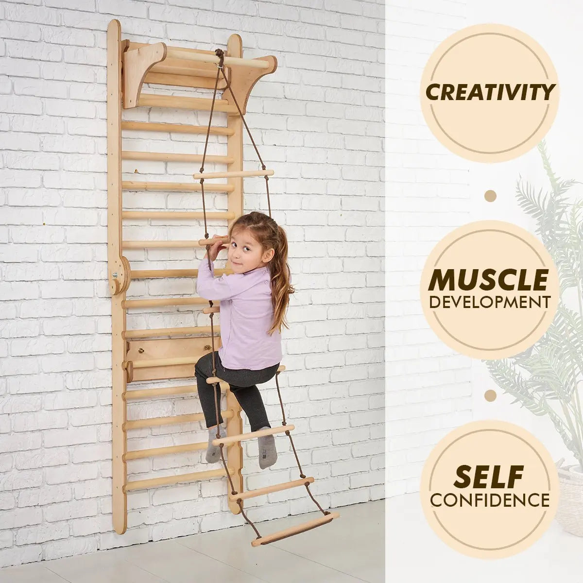 3-in-1 Wooden Swedish Wall Climbing Ladder + Swing Set + Slide Board - Play. Learn. Thrive. ™