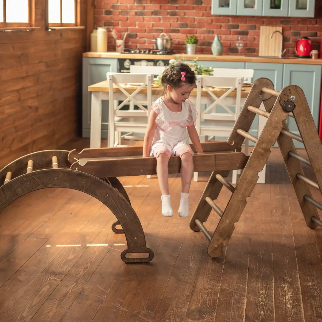 3in1 Montessori Climbing Set: Triangle + Arch/Rocker + Slide Board – Chocolate