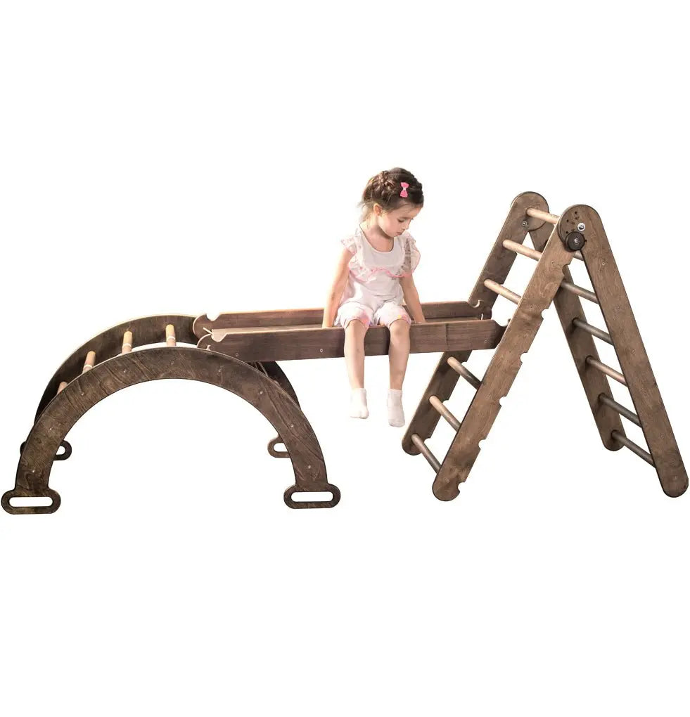 3in1 Montessori Climbing Set: Triangle + Arch/Rocker + Slide Board – Chocolate