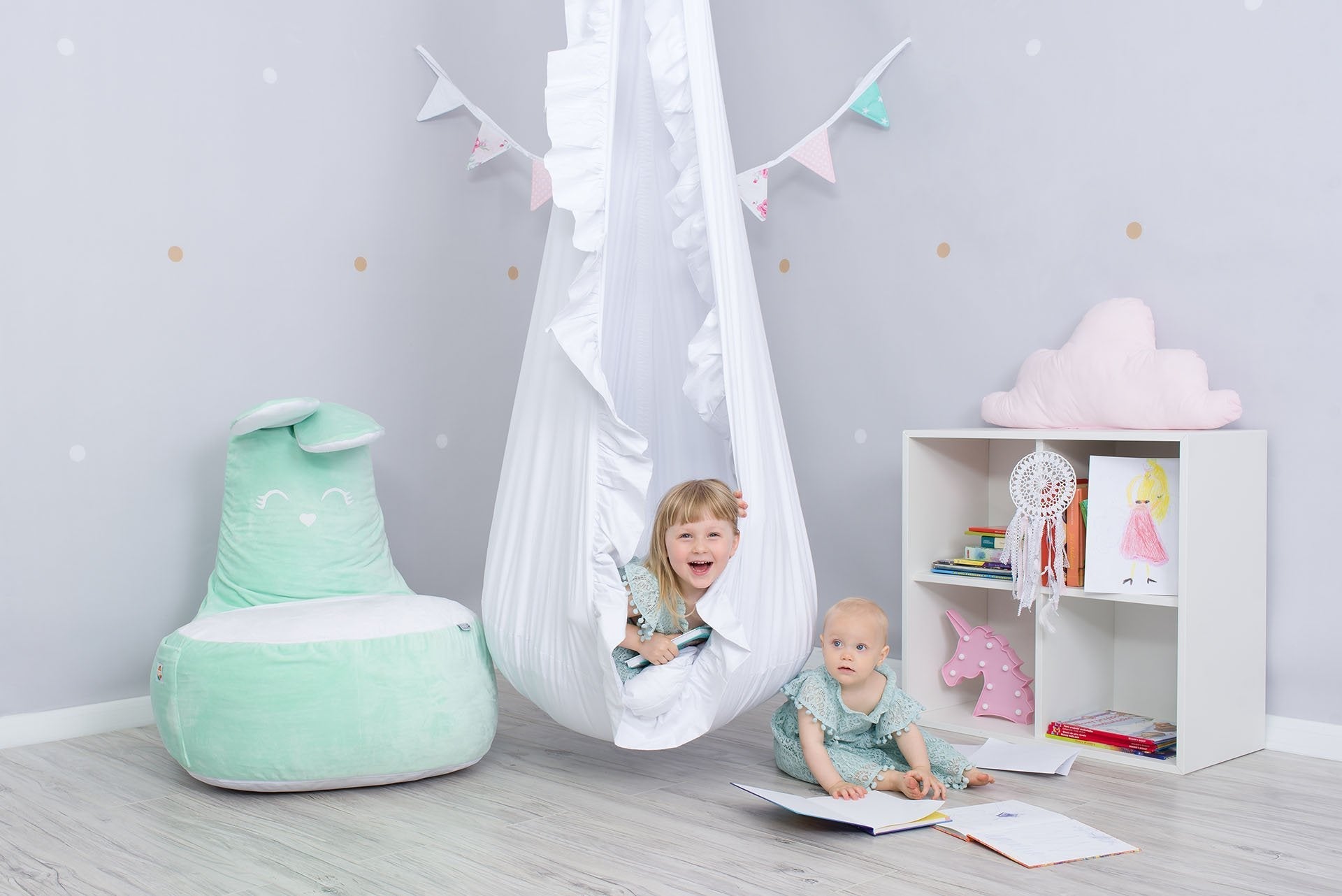 Hanging Cocoon Swing in White Frill - Play. Learn. Thrive. ™
