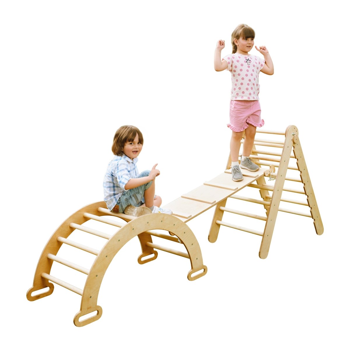 3in1 Montessori Climbing Set: Triangle Ladder + Wooden Arch + Slide Board – Beige NEW