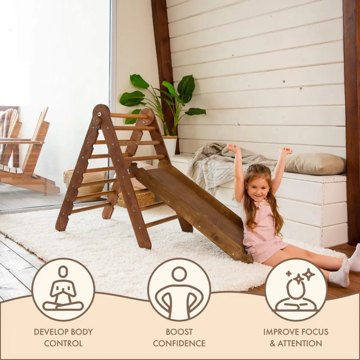 2in1 Montessori Climbing Frame Set: Triangle Ladder + Slide Board/Ramp – Chocolate