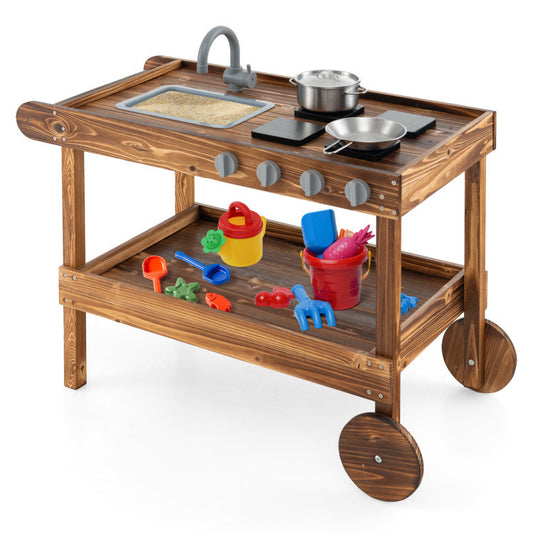 Outdoor Movable Mud Kitchen with 2 Rolling Wheels and 1 Push Handle