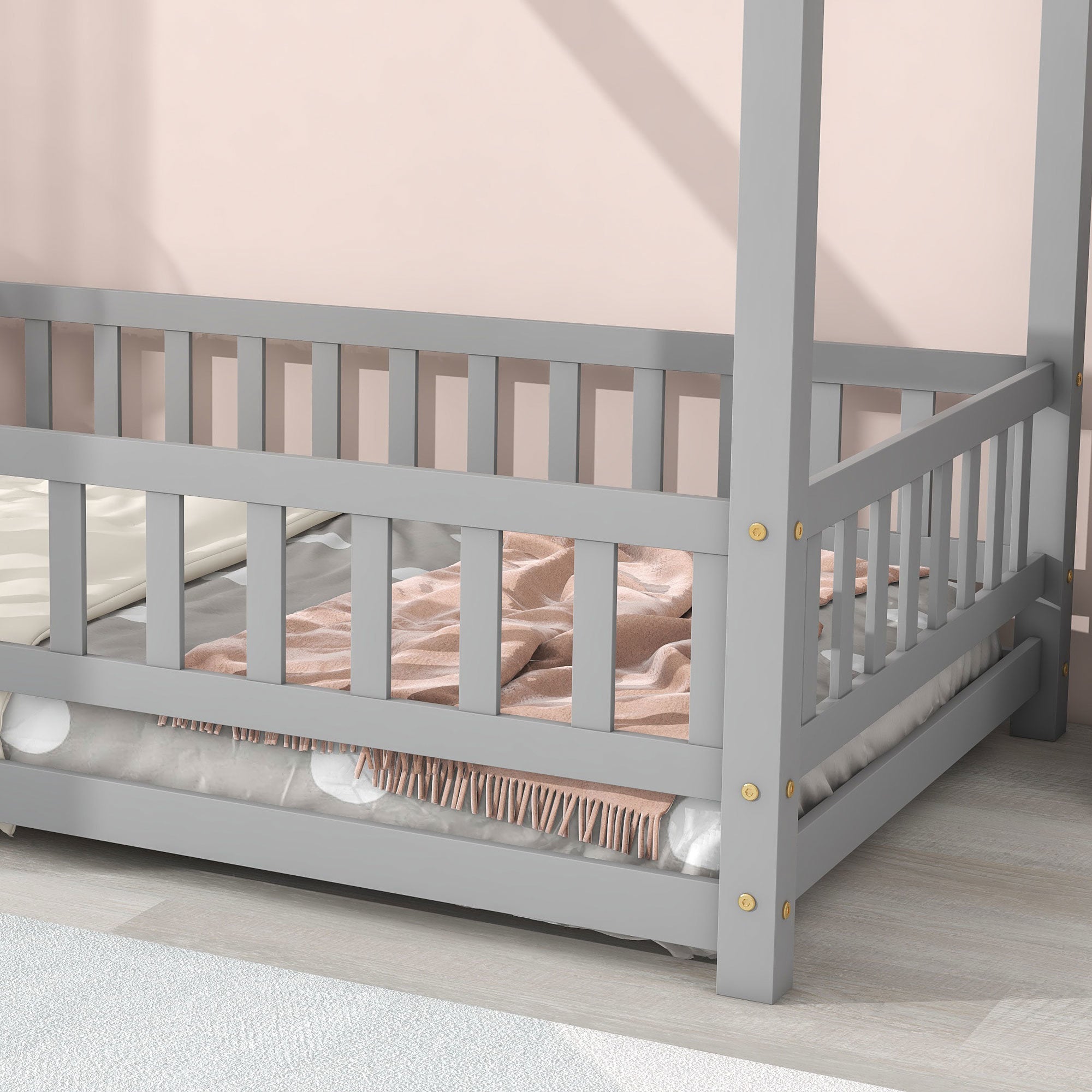 Twin Size Floor Wooden Bed with House Roof Frame, Fence, and Guardrails - Play. Learn. Thrive. ™