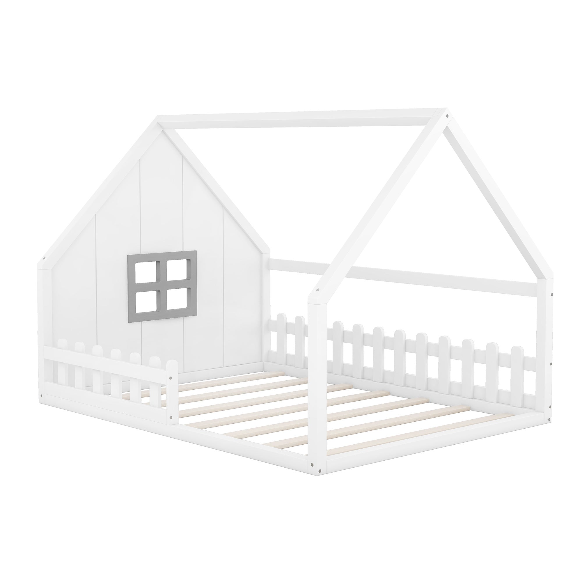 Full Size Wood House Bed with Window and Fence - Play. Learn. Thrive. ™