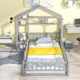 Twin Size House-Style Headboard Floor Bed with Fence Guardrails in Gray - Play. Learn. Thrive. ™