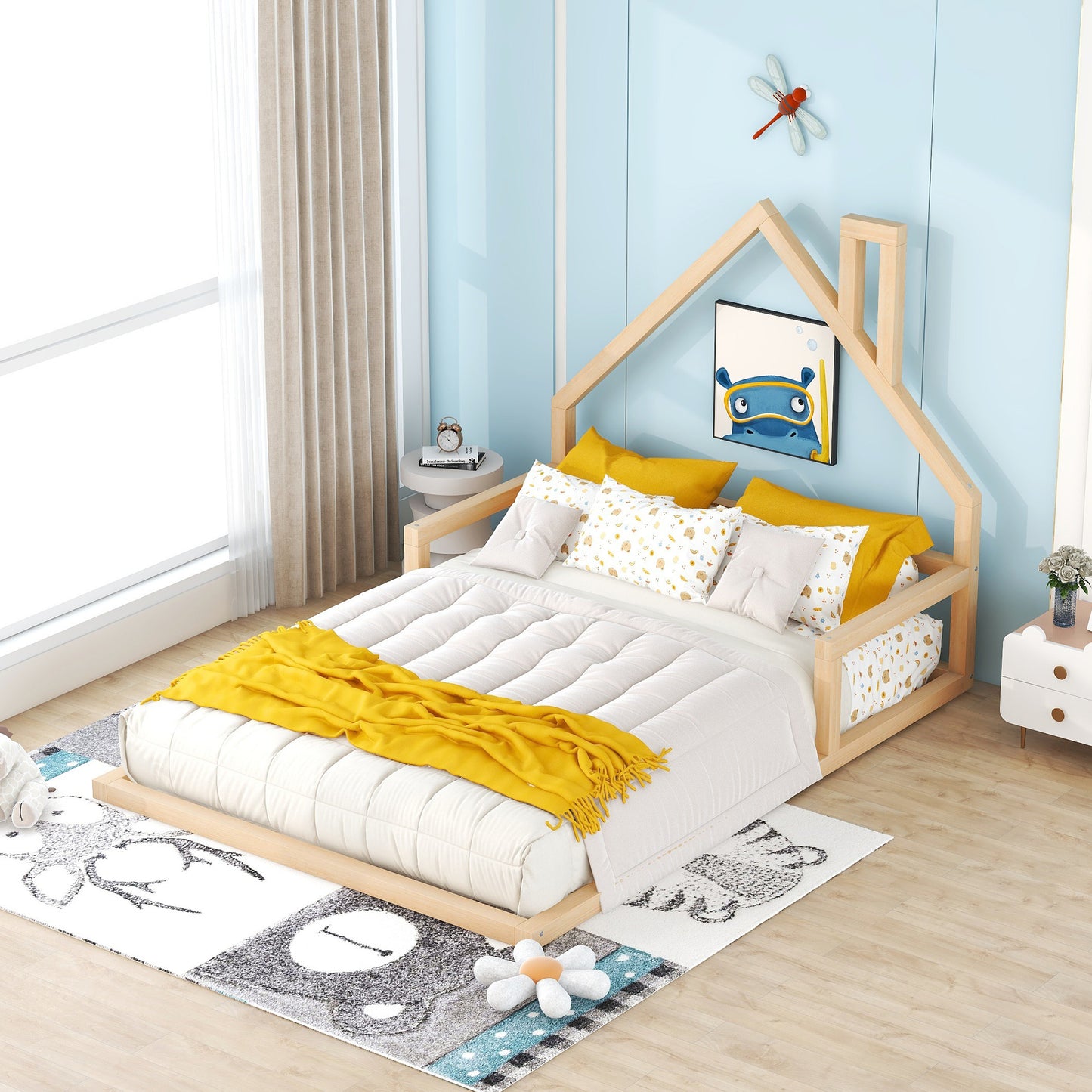 Full Size Wood Floor Bed with House-Shaped Headboard - Play. Learn. Thrive. ™