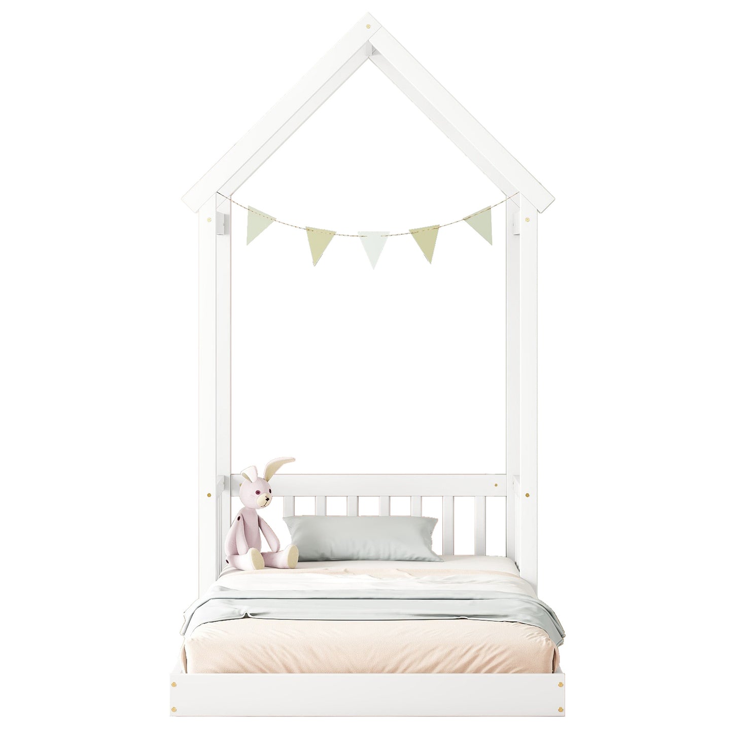 Twin House-Shaped Roof Headboard Floor Bed (Without Slats) in White - Play. Learn. Thrive. ™