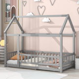 Twin Size Floor Wooden Bed with House Roof Frame, Fence, and Guardrails - Play. Learn. Thrive. ™