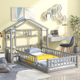 Twin Size House-Style Headboard Floor Bed with Fence Guardrails in Gray - Play. Learn. Thrive. ™