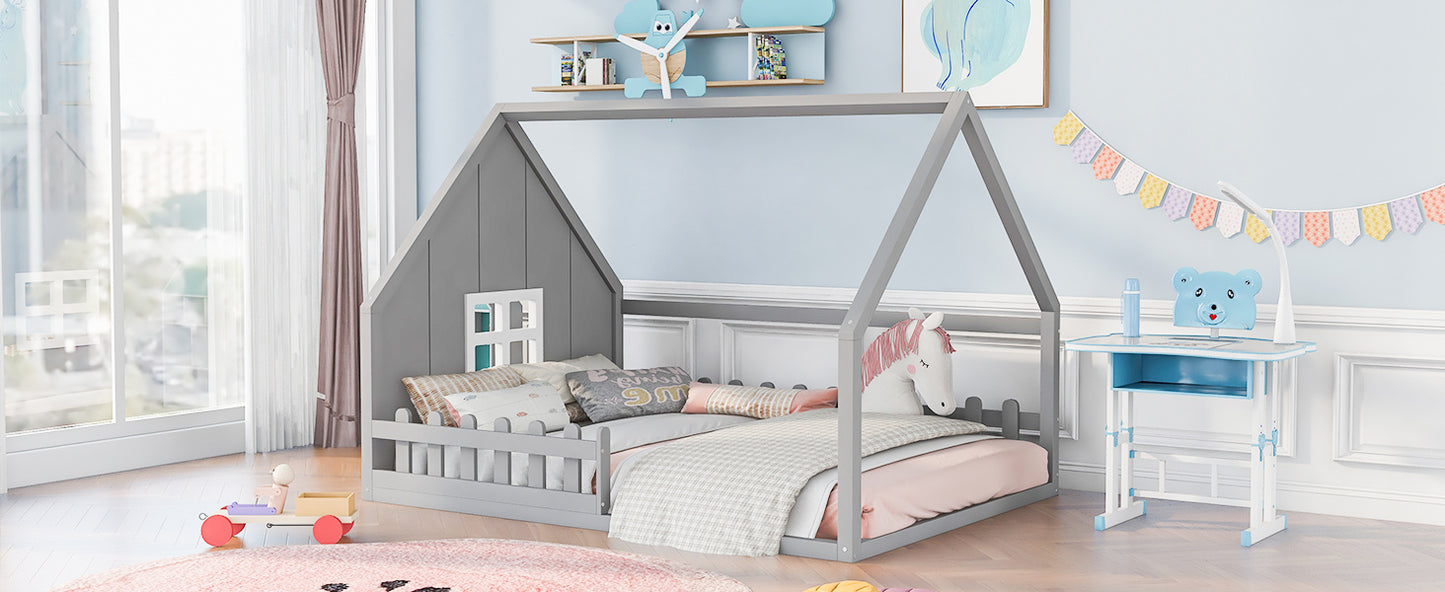 Full Size Wood House Bed with Window and Fence - Play. Learn. Thrive. ™