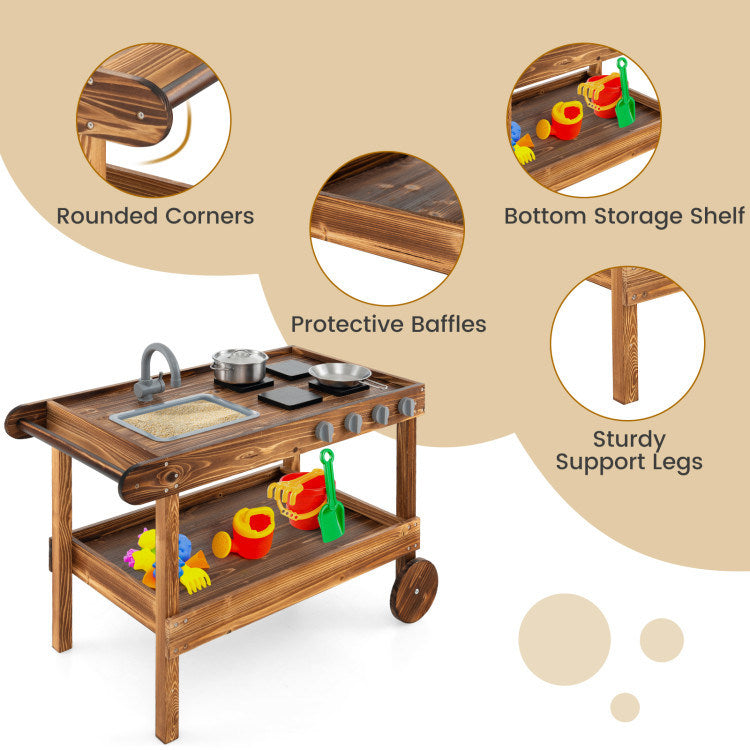 Outdoor Movable Mud Kitchen with 2 Rolling Wheels and 1 Push Handle