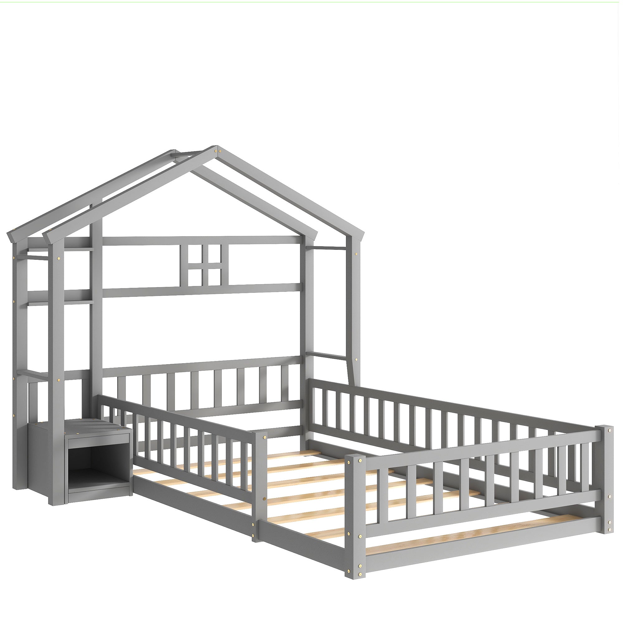 Twin Size House-Style Headboard Floor Bed with Fence Guardrails in Gray - Play. Learn. Thrive. ™