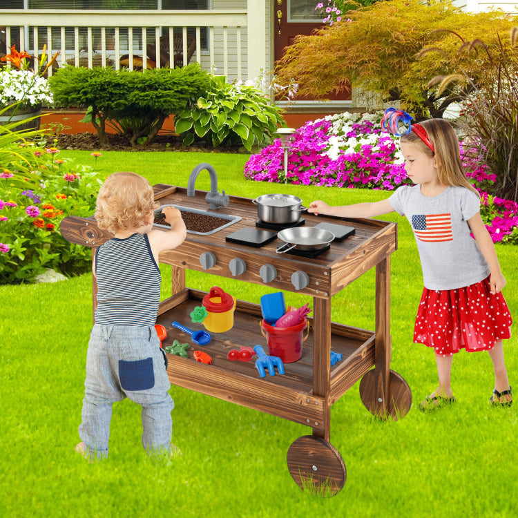 Outdoor Movable Mud Kitchen with 2 Rolling Wheels and 1 Push Handle