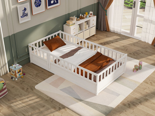 Twin Size Montessori Wooden Children's Floor Bed in White - Play. Learn. Thrive. ™