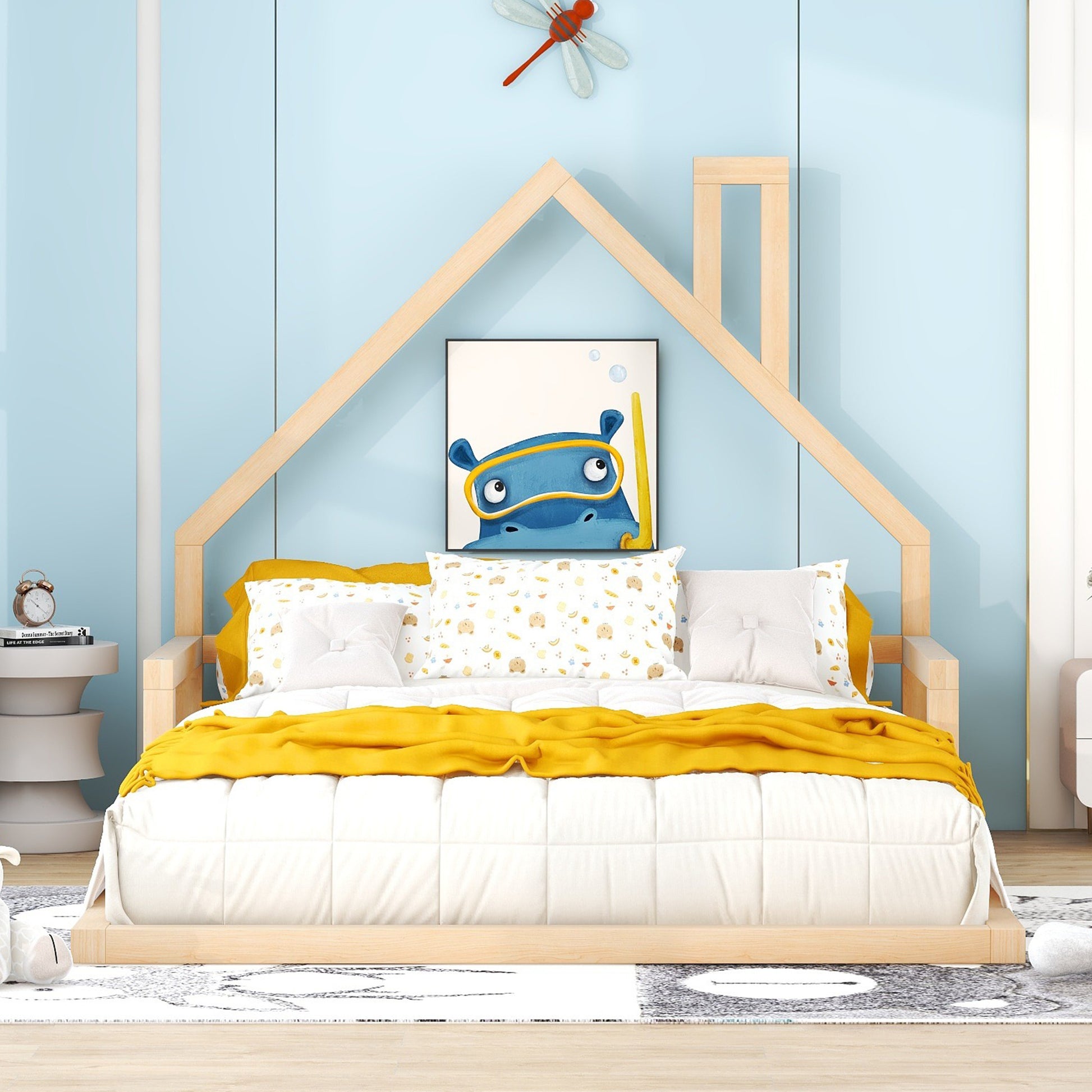 Full Size Wood Floor Bed with House-Shaped Headboard - Play. Learn. Thrive. ™