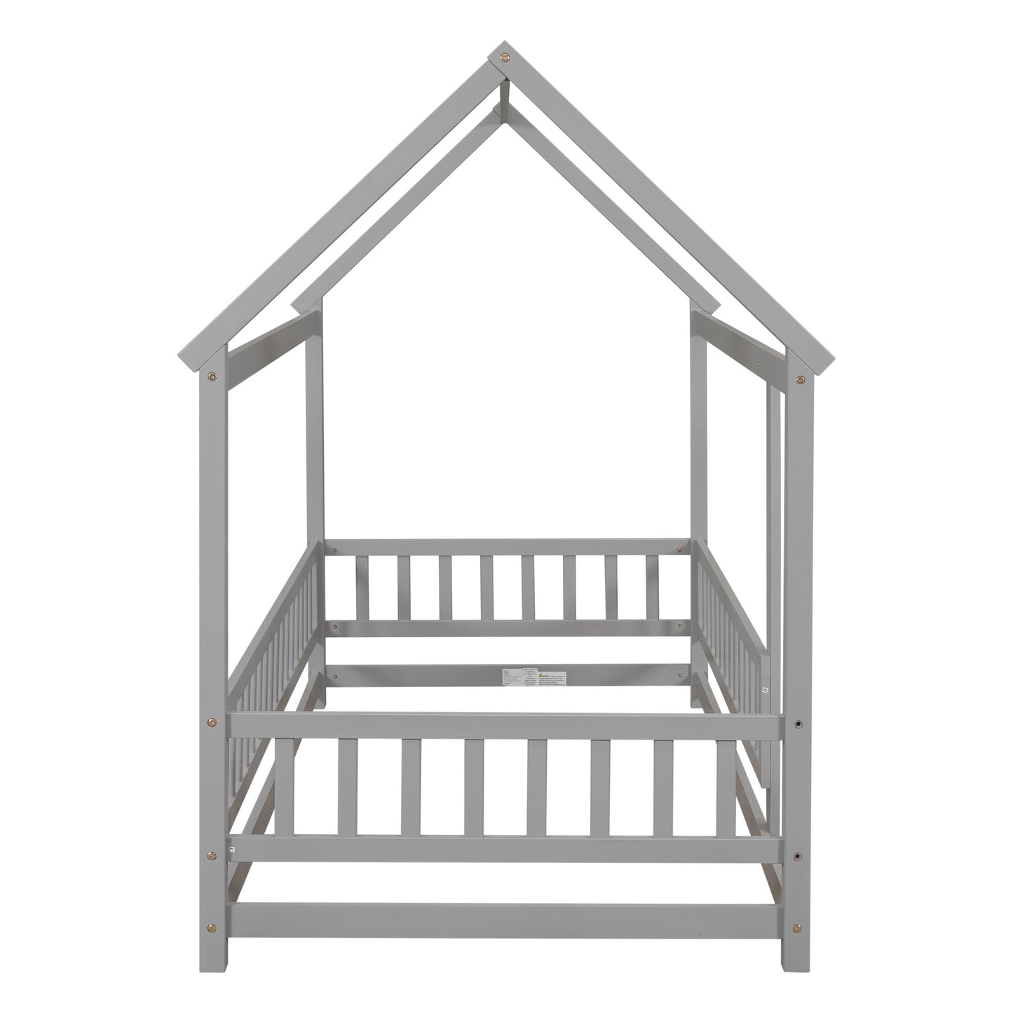 Twin Size Floor Wooden Bed with House Roof Frame, Fence, and Guardrails - Play. Learn. Thrive. ™