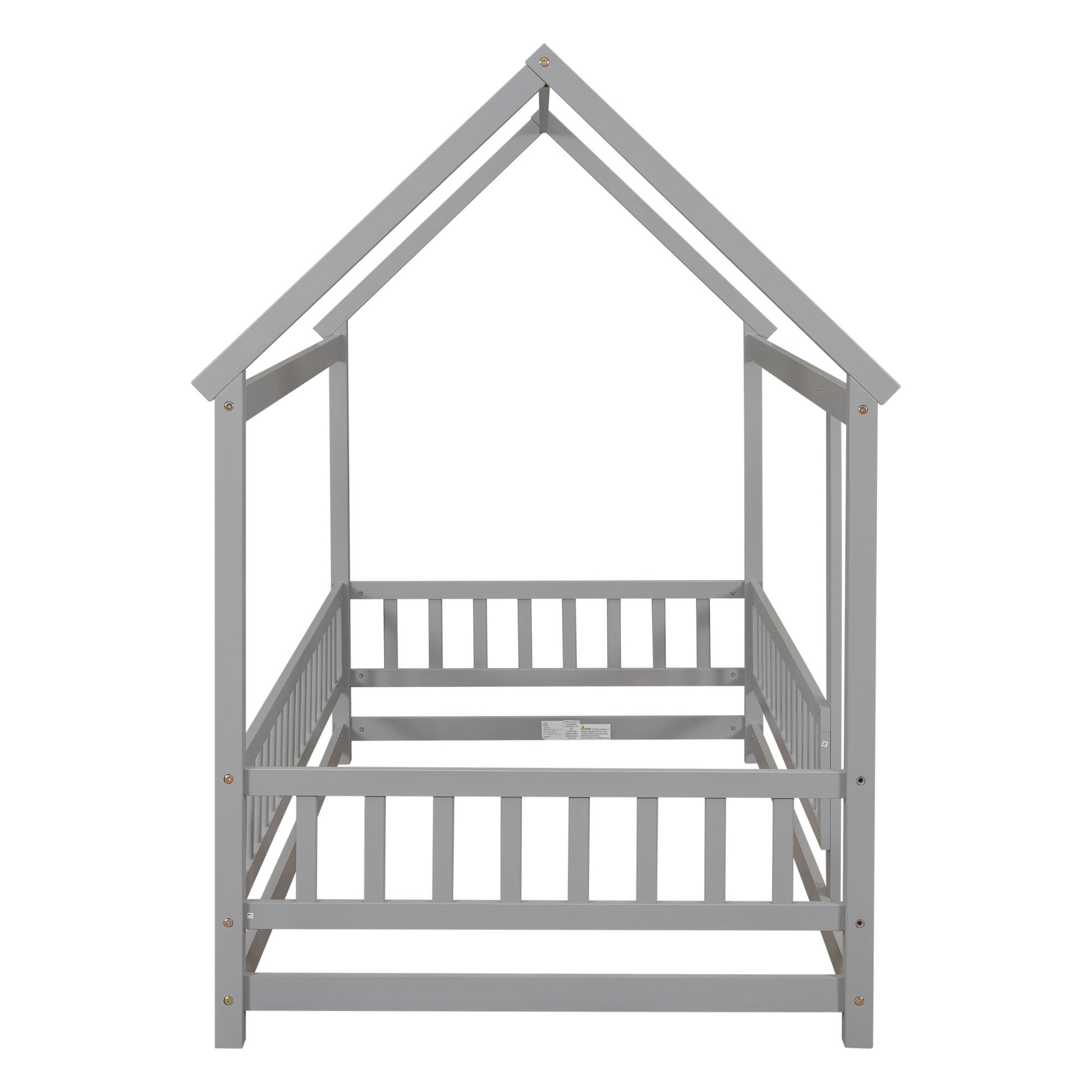 Twin Size Floor Wooden Bed with House Roof Frame, Fence, and Guardrails - Play. Learn. Thrive. ™