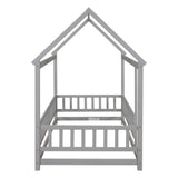 Twin Size Floor Wooden Bed with House Roof Frame, Fence, and Guardrails - Play. Learn. Thrive. ™