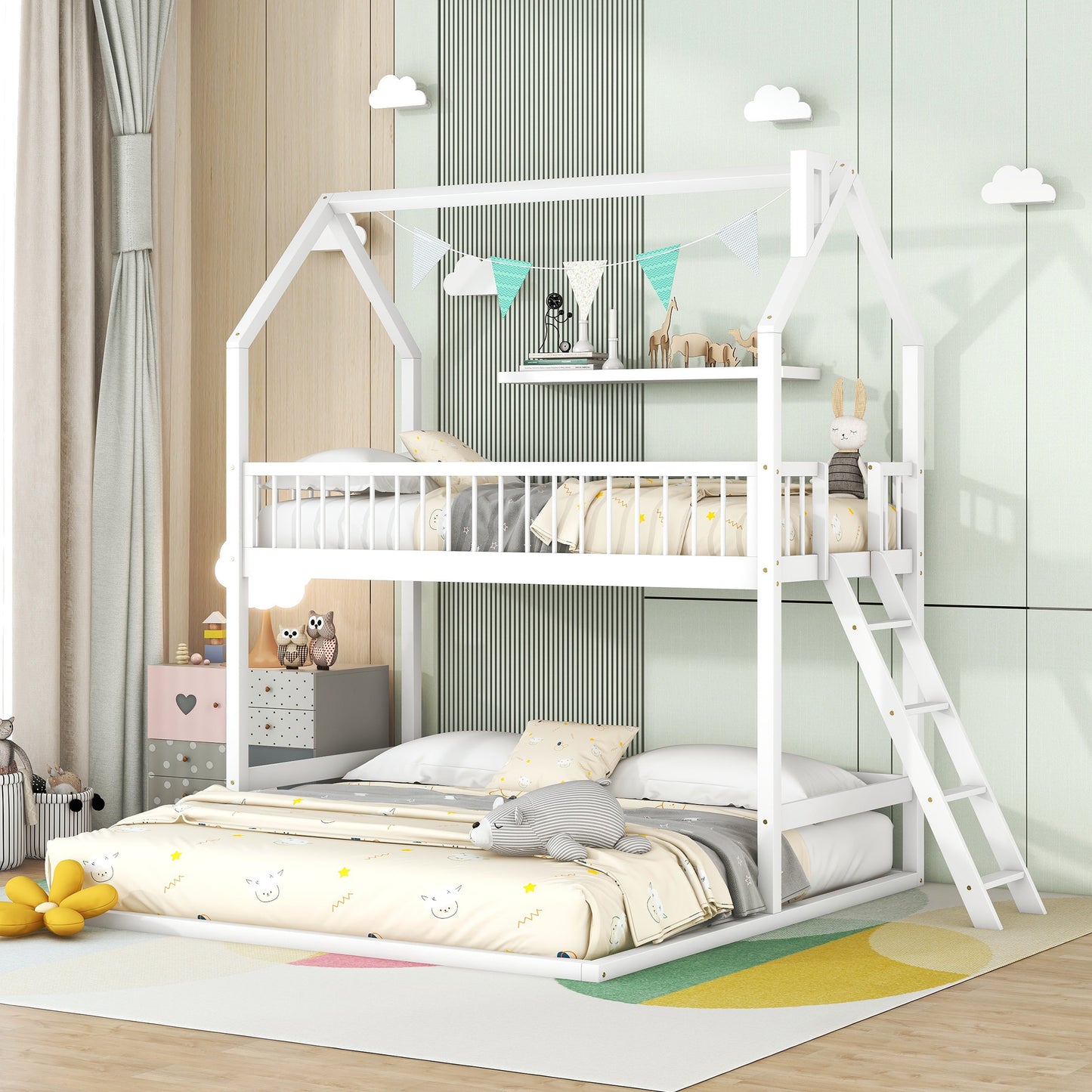 Twin Over Twin House Bunk Bed with Extending Trundle and Ladder - Play. Learn. Thrive. ™