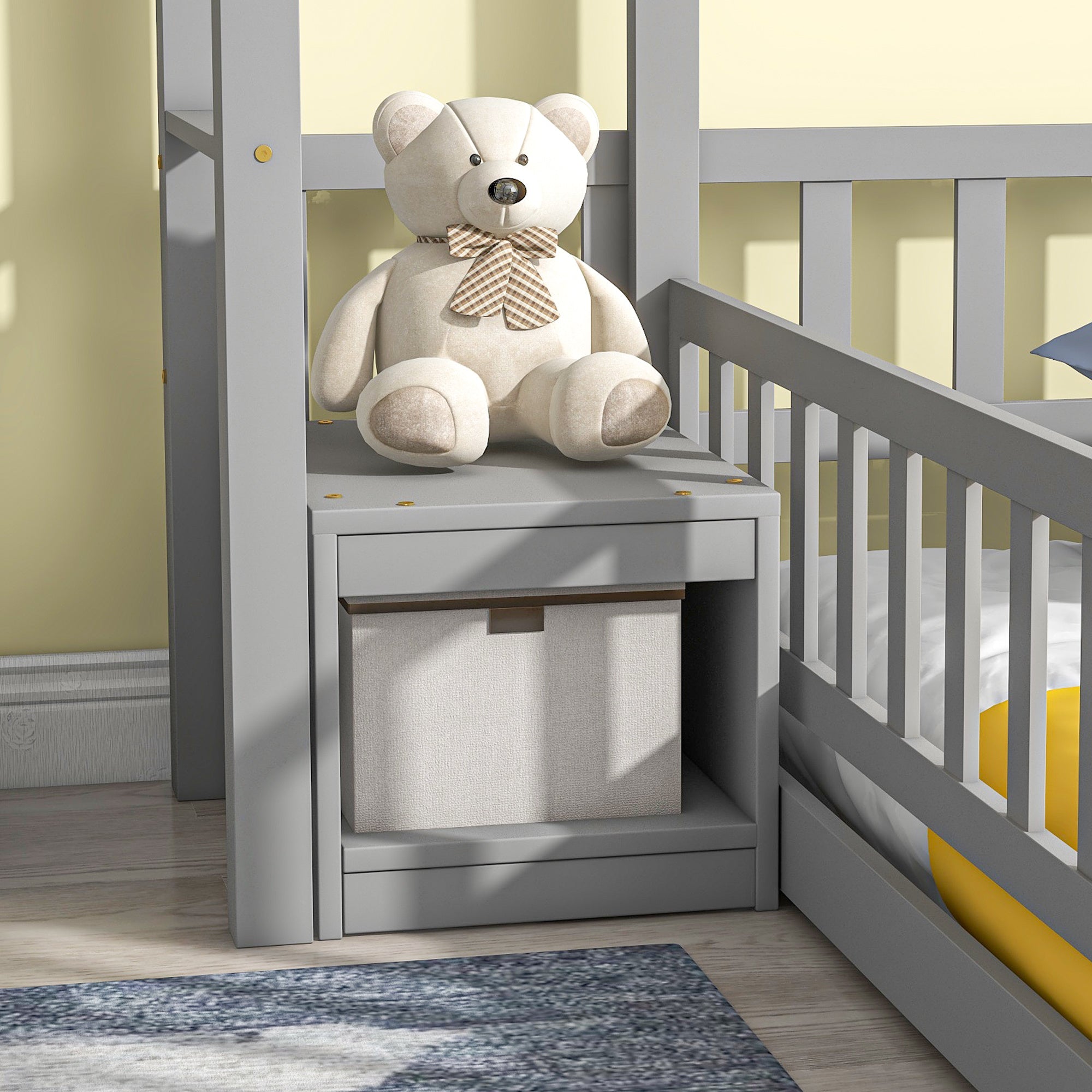 Twin Size House-Style Headboard Floor Bed with Fence Guardrails in Gray - Play. Learn. Thrive. ™