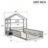 Twin Size House-Style Headboard Floor Bed with Fence Guardrails in Gray - Play. Learn. Thrive. ™