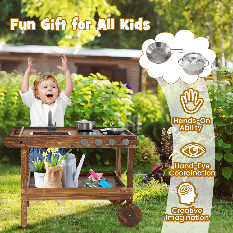 Outdoor Movable Mud Kitchen with 2 Rolling Wheels and 1 Push Handle