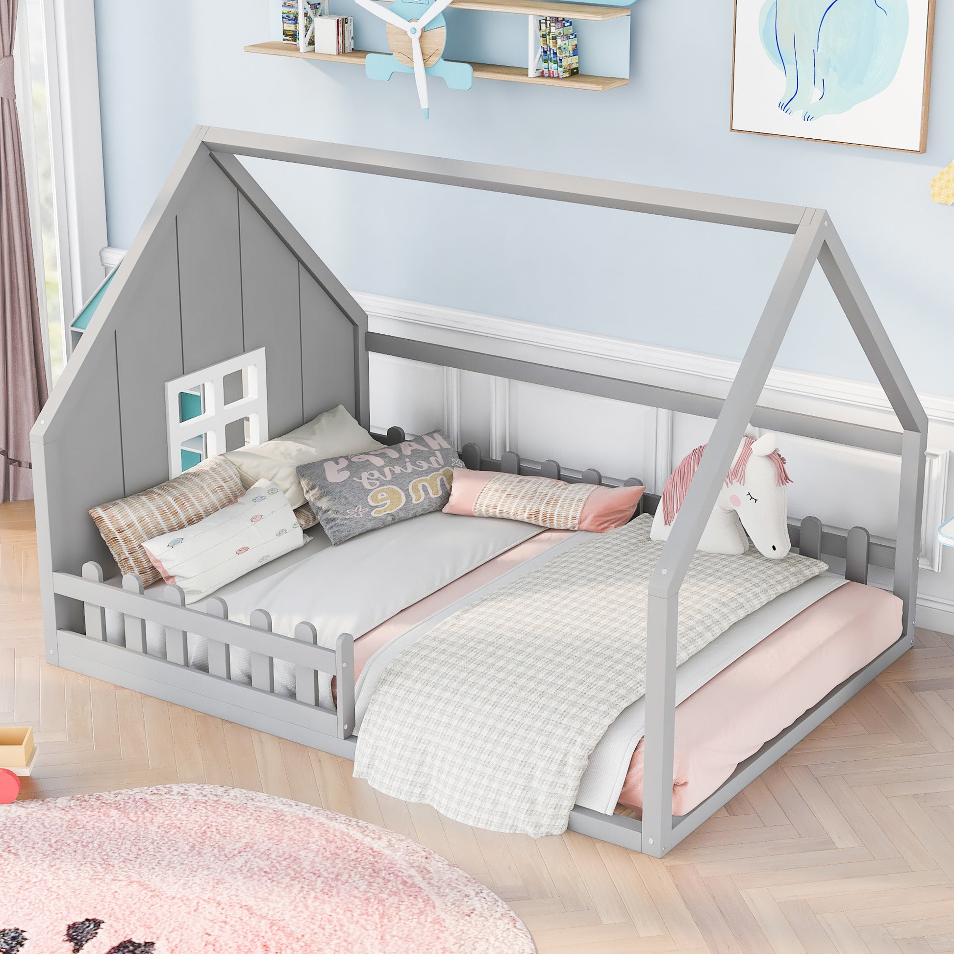Full Size Wood House Bed with Window and Fence - Play. Learn. Thrive. ™