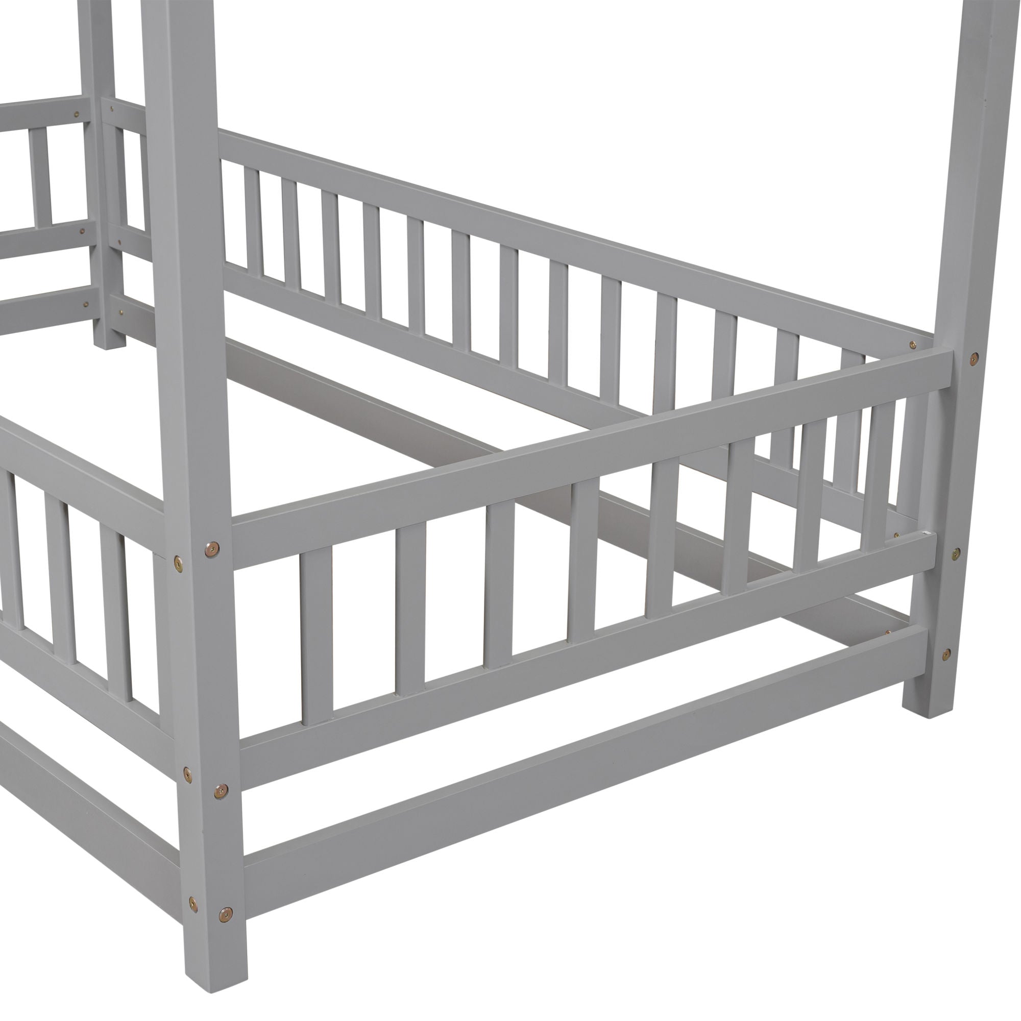 Twin Size Floor Wooden Bed with House Roof Frame, Fence, and Guardrails - Play. Learn. Thrive. ™