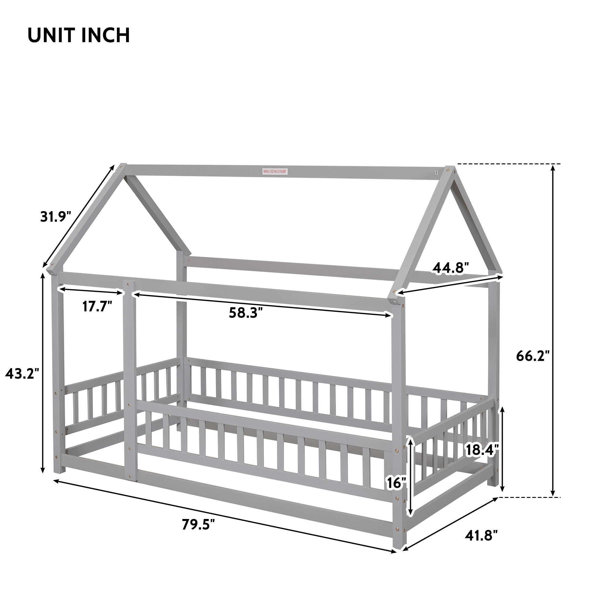 Twin Size Floor Wooden Bed with House Roof Frame, Fence, and Guardrails - Play. Learn. Thrive. ™