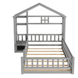 Twin Size House-Style Headboard Floor Bed with Fence Guardrails in Gray - Play. Learn. Thrive. ™