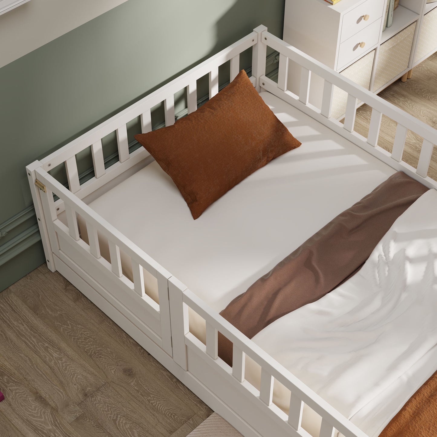 Twin Size Montessori Wooden Children's Floor Bed in White - Play. Learn. Thrive. ™
