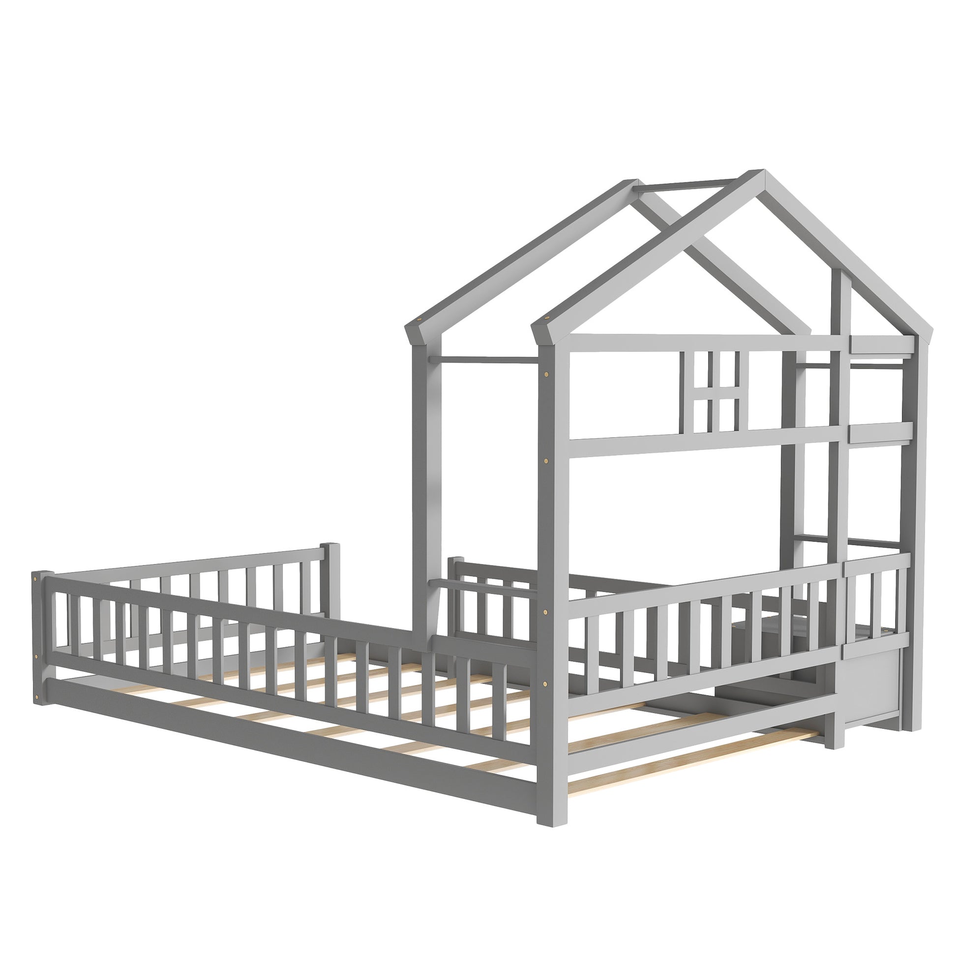 Twin Size House-Style Headboard Floor Bed with Fence Guardrails in Gray - Play. Learn. Thrive. ™