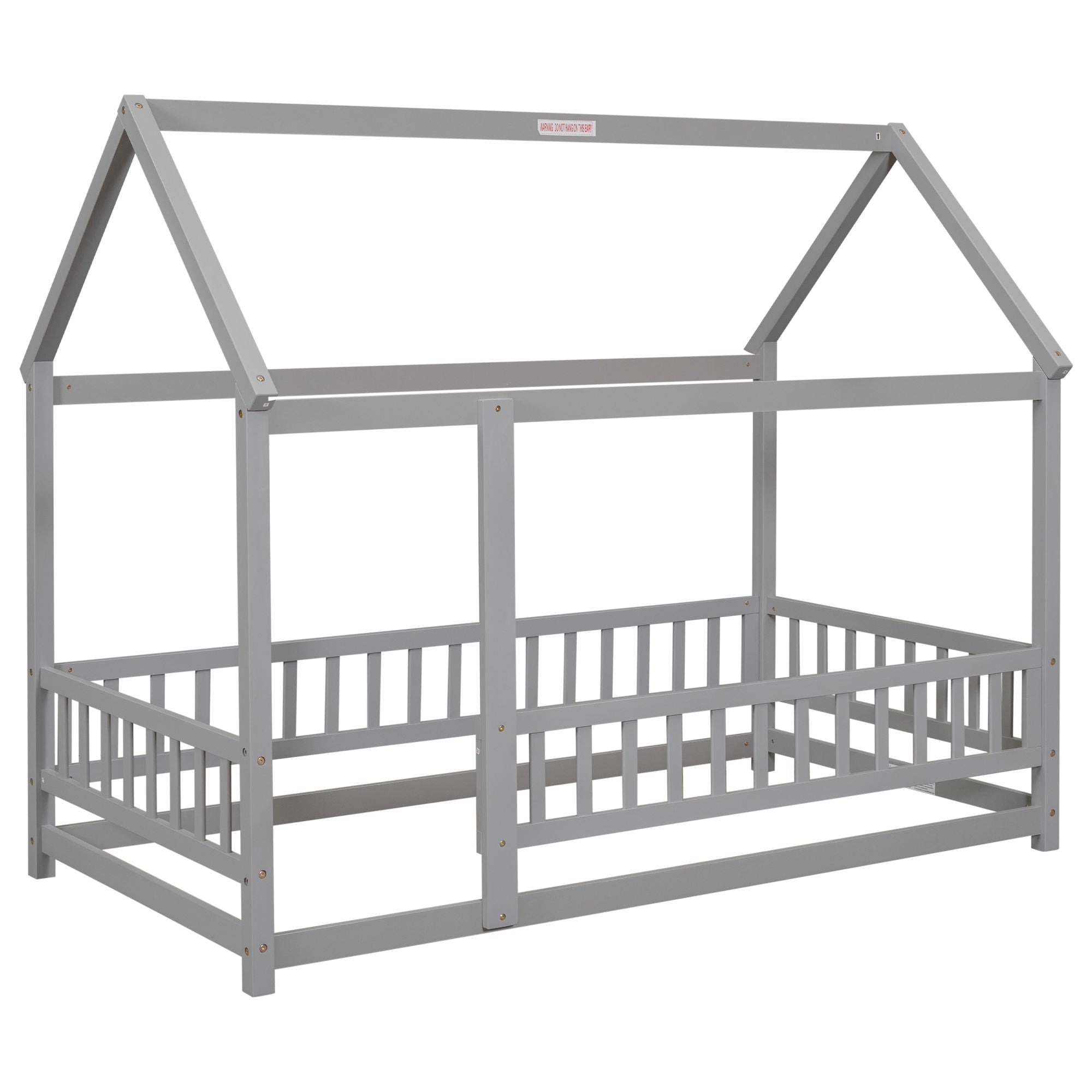 Twin Size Floor Wooden Bed with House Roof Frame, Fence, and Guardrails - Play. Learn. Thrive. ™